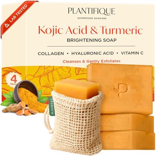 PLANTIFIQUE Kojic Acid Soap | Testado en Laboratorio | 4 Barras Jabón de Cúrcuma para las Manchas | Con Vitamina C, Ácido Hialurónico y Colágeno | Turmeric & Kojic Acid Soap 320g