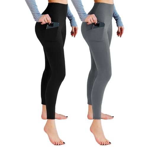 Leafigure Pack de 2 leggings deportivos para mujer, cintura alta, pantalones deportivos para mujer, con bolsillos, leggings de gimnasio, opacos, para deporte, yoga, L-XL