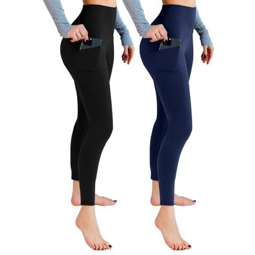 Leafigure Paquete de 2 leggings de gimnasio para mujer, de cintura alta, opacos, con bolsillos, para entrenamiento, deporte, yoga, correr, L-XL