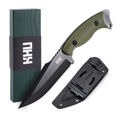 KHU Cuchillo Hoja Fija, Cuchillo Supervivencia Cuchillo Caza Cuchillo Bushcraft D2 Acero Mango de G10, Outdoor Caza Camping Accesorios - Funda Kydex (17A-Nuevo)