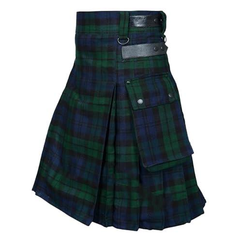 BaronHong Tartán Utility Kilts - Kilt para hombre con correa y bolsillos grandes de carga, Verde (cuero), L