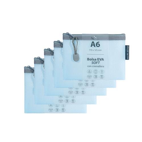 Grafoplas Pack de 5 Bolsas con Cremallera EVA Soft a6, Azul Pastel, Tacto Suave, Zipper Bags Hechas con Goma EVA Transparente, Ideal para Transportar y Proteger Todo Tipo de Artículos y Documentos