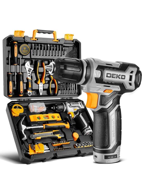 Caja de Herramientas Completa 133PCS - DEKO PRO Maletín Herramientas Gris,Para reparaciones Domésticas y Bricolaje, con Taladro Atornillador Eléctrico 12V para Perforar y Apretar/Aflojar Tornillos