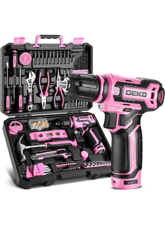 Caja de Herramientas Completa 133PCS - DEKO Caja Herramientas Rosa,para Reparaciones Domésticas y Bricolaje, con Taladro Atornillador Eléctrico 12V para Perforar y Apretar/Aflojar Tornillos