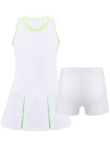 Eandarui Vestido de tenis para niña con pantalones, 2 piezas, ropa de tenis cruzada, ropa deportiva, sin mangas, plisada, elástica, pantalones cortos de danza, ropa deportiva, Blanco, 158/164 cm