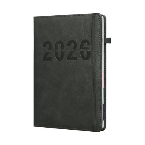 Agenda Anual 2026 A5 Diaria Agenda Semana,Planificador de Escuela y Oficina,12 Meses,Cubierta de PU con cinta de marcador(Negro 1)