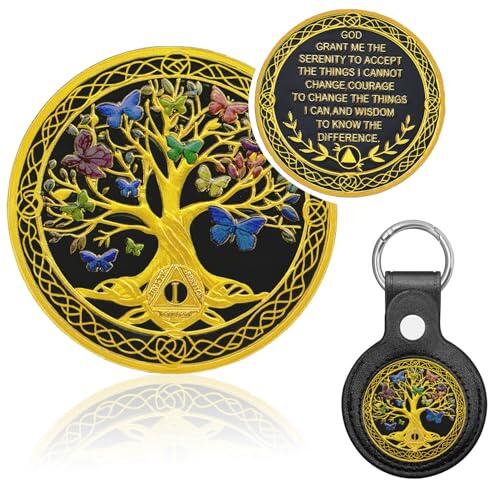 Moneda de sobriedad de 1 año, mariposa árbol de la vida, chips AA y medallones, medallón anónimo de alcohólicos, regalos de sobriedad para hombres y mujeres, chip de recuperación, ficha de aniversario