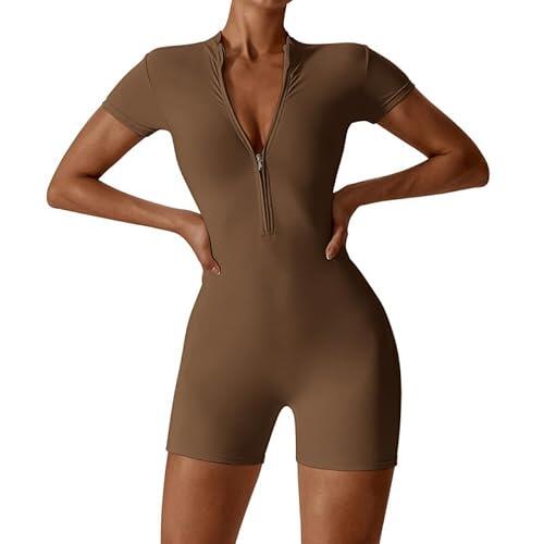 Litthing Mono Deportivo Mujer Corto Ropa Deportiva con Cremallera Elásticos Mangas Cortas Jumpsuit Sexy Ajustado Bodysuit Una Pieza Push Up Fitness Body Overol