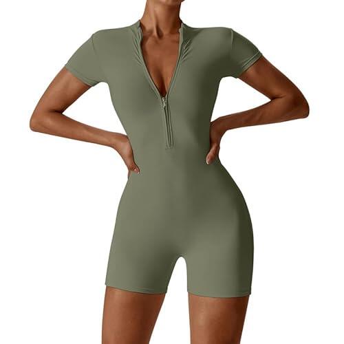 Litthing Mono Deportivo Mujer Corto Ropa Deportiva con Cremallera Elásticos Mangas Cortas Jumpsuit Sexy Ajustado Bodysuit Una Pieza Push Up Fitness Body Overol