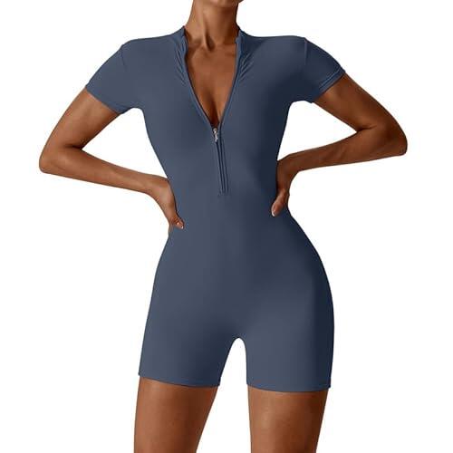 Litthing Mono Deportivo Mujer Corto Ropa Deportiva con Cremallera Elásticos Mangas Cortas Jumpsuit Sexy Ajustado Bodysuit Una Pieza Push Up Fitness Body Overol