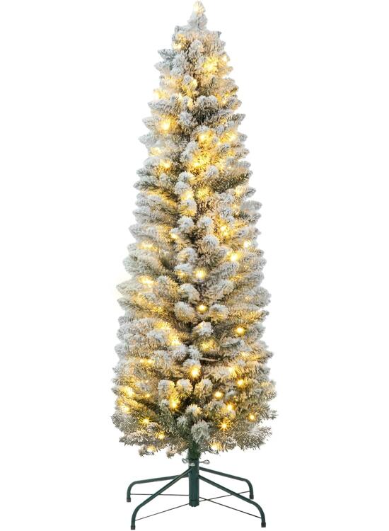 HOMCOM Árbol de Navidad 150 cm Árbol de Navidad Artificial Nevado con 120 Luces LED 263 Ramas y Patas de Metal Árbol Navideño para Salón Verde y Blanco