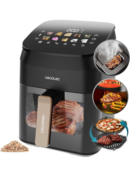 Cecotec Freidora de Aire sin Aceite - 4,5L - Plancha - Grill - Doble Resistencia - Ahumador Integrado - Air Fryer Cecofry&Grill Smokin' 4500. 1900W, Temperatura Regulable 40-200°C, 10 Menús