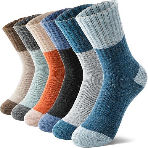 MOSEY KOSY 6 Pares Calcetines Niños Lana Merino para Caminar Chicos Chicas Bebés Invierno Térmicos Gruesos Abrigados Acolchados Calcetines Crew para Senderismo(Bloqueados de Colores,34-38)