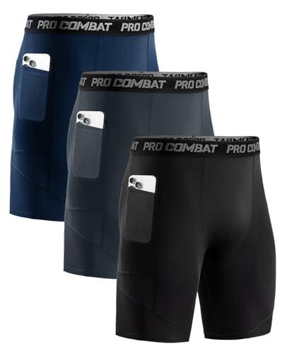 Niksa 3 Piezas Mallas Running Hombre Mallas Cortas Hombre Pantalones Cortos Entrenamiento con Bolsillo para Celular Secado Rápido Transpirable Pantalones Cortos, Negro, Azul Marino, Gris, L