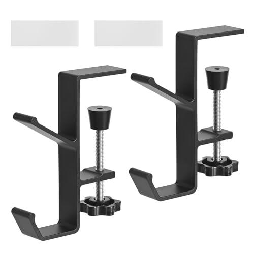 Paquete de 2 soportes para bolsas, soporte para auriculares, soporte de escritorio ajustable, gancho para bolsas debajo del escritorio, estante para colgar bolsas de escritorio multifuncional (negro)