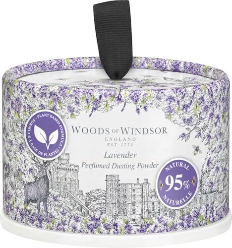 Woods of Windsor Polvos corporales con aroma a lavanda y esponja. Alternativa al talco floral. 95% de ingredientes naturales, veganos y libres de crueldad animal. 100 g / 3.5 oz