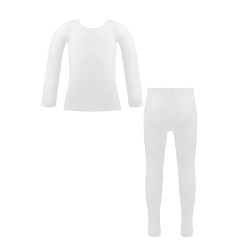 Miutii Set de ropa interior térmica para niños y niñas, camiseta de manga larga con top + mallas leggings con/sin forro polar, ropa interior térmica para ballet y danza, Blanco, 98-104