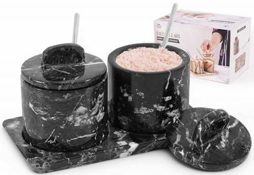SPESHSTONES Juego de 2 recipientes de sal de mármol negro de 10,2 cm con tapa, recipientes para sal de mesa, portasal, tarros para especias, azucarero, recipientes para condimentos, dispensador