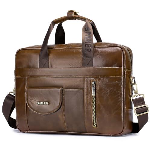 SPAHER Maletín Portátil 15.6 Pulgadas de Cuero, Portafolios y Portadocumentos Hombre, Maletín Ordenador, Bolso de Trabajo y Negocios, Regalo