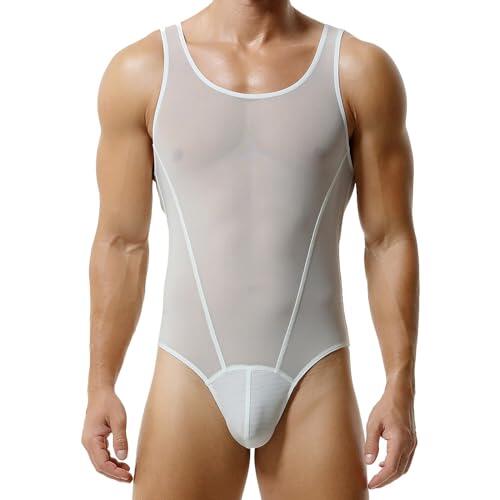 YOSUWOAI Body de malla para hombre, sexy, corte sexy, maillot ultrafino, tanga erótica, lencería transparente, mono atractivo, ropa de dormir de una pieza, O blanco., M