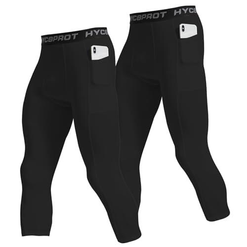 HYCOPROT 2 Pack 3/4 Pantalones de Compresión para Hombres Pantalones Deportivos de Compresión con Bolsillos Base para Correr Entrenamiento Yoga y Baloncesto con Secado Rápido (Black, M)