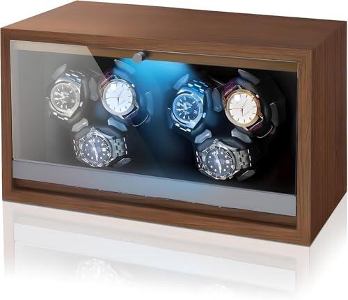 Olvy Caja giratoria para 6 relojes, motor Mabuchi extremadamente silencioso, cojín flexible para reloj, madera