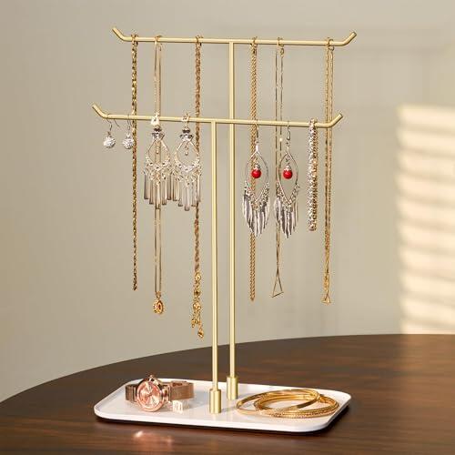 Josmimic Soporte para joyas, bandeja para joyas, organizador de joyas para collares, pulseras, pendientes, anillos, idea de regalo, dorado
