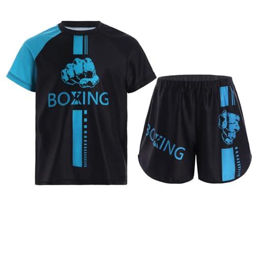 Runhomal Conjunto para Niños de Camiseta y Pantalón Corto de Boxeo Tailandés, MMA y Entrenamiento Deportivo para Niños de 5 a 16 Años, azul claro, 11-12 años