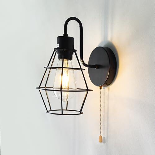 JZCDR Lámpara de Pared Interior con Interruptor Aplique de Pared con Pantalla Metal Industrial Negro Retro E27 Luz de Pared para Dormitorio, Sala de estar, Escaleras, Pasillo