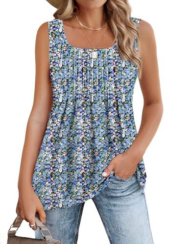 Zeagoo Camisetas Sin Mangas para Mujer Verano Chaleco Top Cuello Cuadrado Elegante Camisa Blusa Básica Camisole Shirt Casual Tank Tops Túnica Cami Azul Floral XL