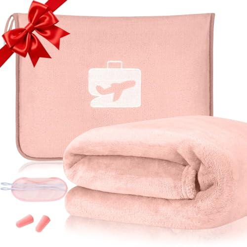 Flintronic Manta de Viaje 2 en 1, 155 x 130cm, Suave y Plegable Con Máscara de Ojo y Tapones para los Oídos, para Oficina, Hombres, Mujeres, Niños (Rosa)