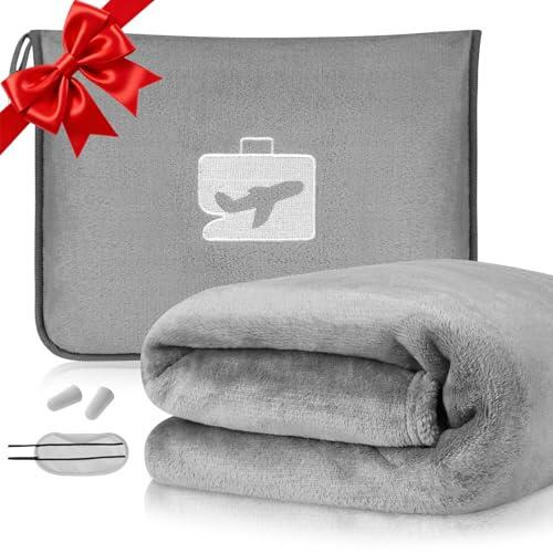 flintronic Manta de Viaje 2 en 1, Suave y Plegable, Manta de Oficina Compacta con Máscara de Ojo y Tapones para los Oídos, para Hombres, Mujeres y Niños (Gris)