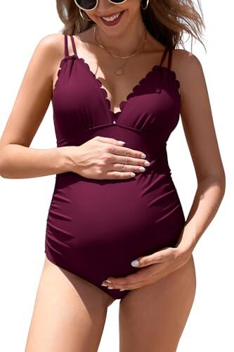 SHEKINI - Traje de baño de maternidad para mujer de Santiago con borde V de cuello de maternidad de una pieza de arco para embarazo, Color púrpura, L