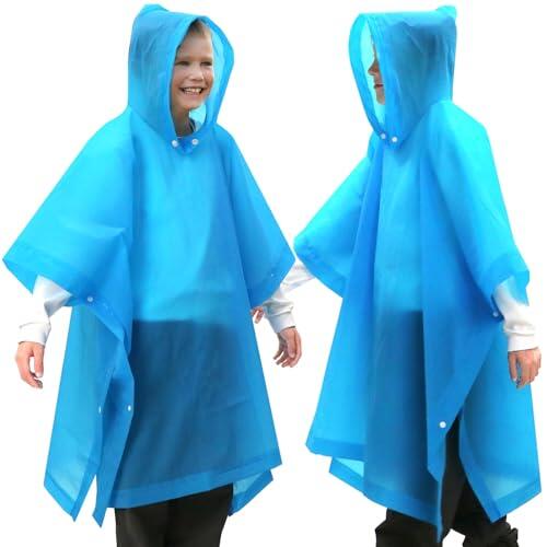 ANYOO Poncho de lluvia impermeable para niños y niñas, paquete de 2 capas de lluvia ligeras de PEVA con capucha grande para niños de altura de 100 a 150 cm, Azul