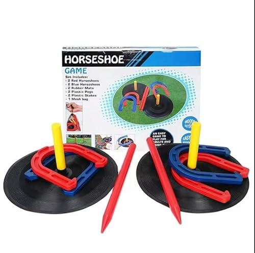 Juego de lanzamiento de herradura, para interior y exterior, 2 postes con plato de goma, 2 estacas de jardín, 4 herraduras de goma, con bolsillo de malla