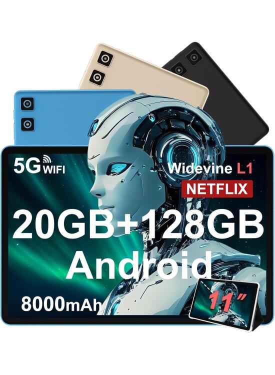 Tablet 11 Pulgadas Android 14 con 8000 mAh + Carga Rápida 18W, 13MP + 5MP, 20GB RAM + 128GB ROM (Ampliable a 1TB), Tablets con Widevine L1, 5G Wi-Fi, GPS, 8 Cores 2.0 GHz, Face ID, Bluetooth 5.0, Azul