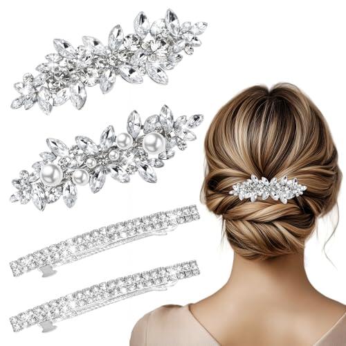 Ouligay 4 pinzas para el pelo con diamantes de imitación, pasadores de cristal para mujer, clip de pelo elegante, accesorios para el cabello para mujeres, bodas, pinzas decorativas de perlas para el