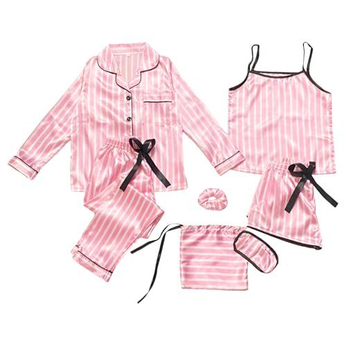 Jamron Chicas Niñas 7PCS Saten Conjunto de Pijama Tops & Pantalones Cortos Ropa de Dormir SN07655-2 Rosa Rayas 150CM