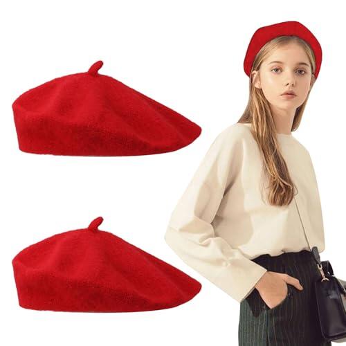 FUIPVGI 2 Piezas Boina Francesa Estilo Clásico de Lana para Mujeres - Gorro Vintage Redondo para Otoño Invierno - Talla Única (Rojo)