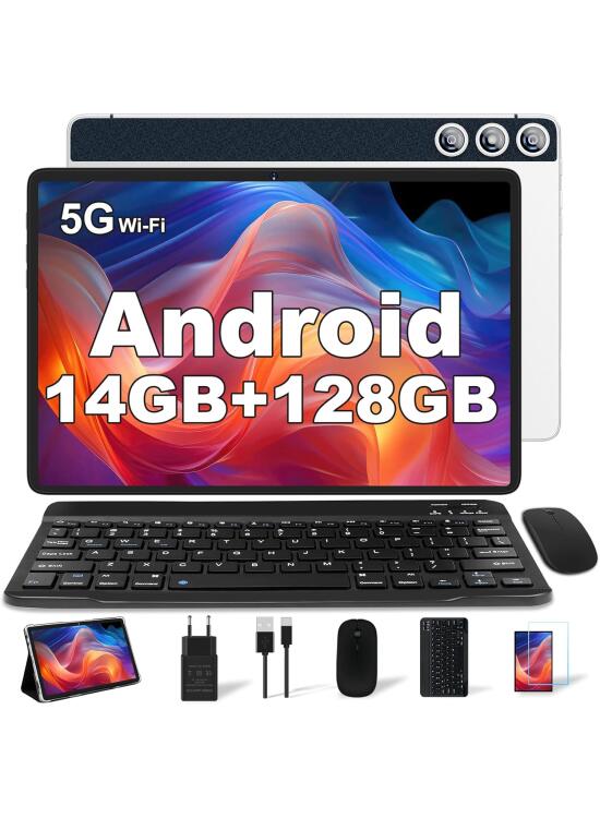 Tablet 10 Pulgadas con 14GB RAM 128GB ROM, Android 13 Tablet 2 en 1, Octa-Core 1TB Ampliable, WiFi 5G, Cámara 8MP+5MP, 8000mAh, Teclado, BT5.0/GPS/OTG, Plata