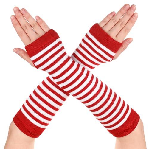 Geyoga Calentadores de Brazos Guantes sin Dedos Largos Elásticos de Punto a Rayas(Blanco y Rojo)