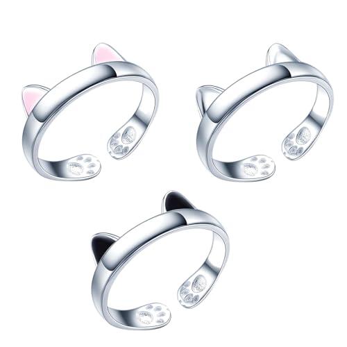 DHWEKU 3 Piezas Anillo de Plata 925, Ajustable para Mujer y Niña, de Compromiso Abierto, Lindo Anillo de Gato