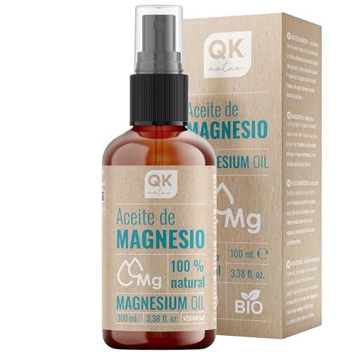 QKnatur - Aceite de magnesio Spray 100% Puro (100 ml) Botella de vídrio + dosificador spray - Para deportistas, articulaciones, relajación muscular, sueño, pies