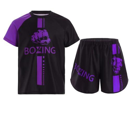 Yruioon Ropa de boxeo para niños, chándal, muay thai, kickboxing pantalones cortos + camiseta artes marciales MMA Kick Boxing Set, A Lila, 170/176 cm