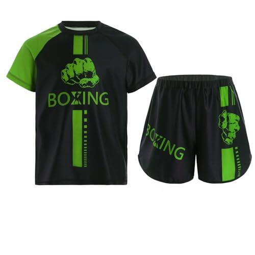 Yruioon Ropa de boxeo para niños, chándal, muay thai, boxeo, pantalones cortos + camiseta artes marciales, artes marciales, artes marciales, artes marciales, artes marciales, verde, 170-176