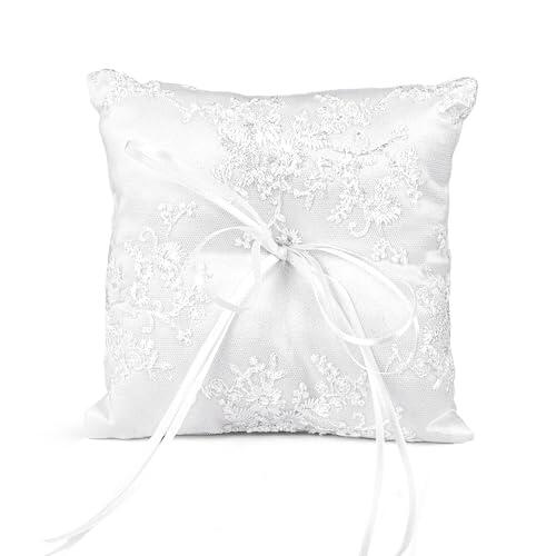 mimzemamz Cojin de Anillos Boda, Porta Alianzas Blanco Anillos de Boda Almohada 15x15cm con Cinta Accesorios de Compromiso de Boda Decoracion