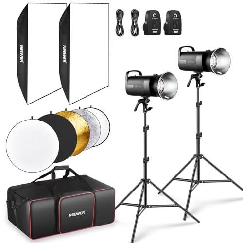 NEEWER S102-400W Pro Flash Iluminación Kit(Paquete de 2) con 2 2,4G Disparadores, 2 Soportes Luz, 2 Softbox, Reflector 5 en 1, Bolsa, 400W GN62 5600K 30W Lámpara Modelar LED Montaje Bowens Ventilador
