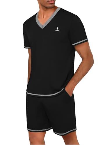 Marvmys Pijamas Hombre Verano Corto Conjunto Algodón Cuello en V Manga Cortas Tops Pijama Pantalones con Bolsillo S-3XL