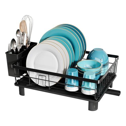MAJALiS Escurridor de Platos para Encimera de Cocina con Drenaje, Escurreplatos Acero Inoxidable con Soporte para Utensilios, Adecuado para Solteros, Parejas y Familias, Negro