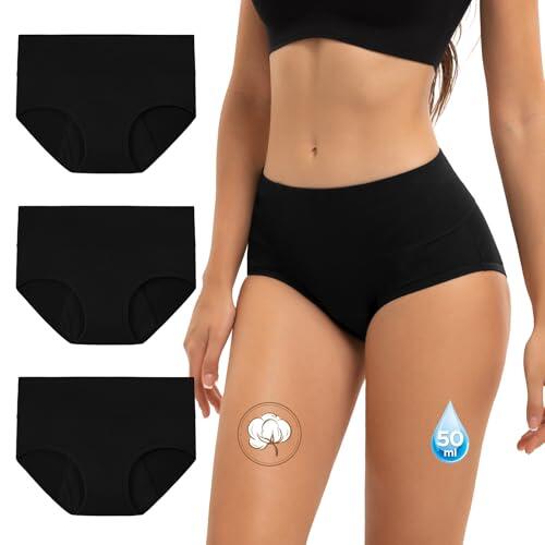 INNERSY Bragas Menstruales Algodón Negro Ropa Interior Incontinencia Flujo Abundante Altas Pack de 3 (XL, 3 Negro)